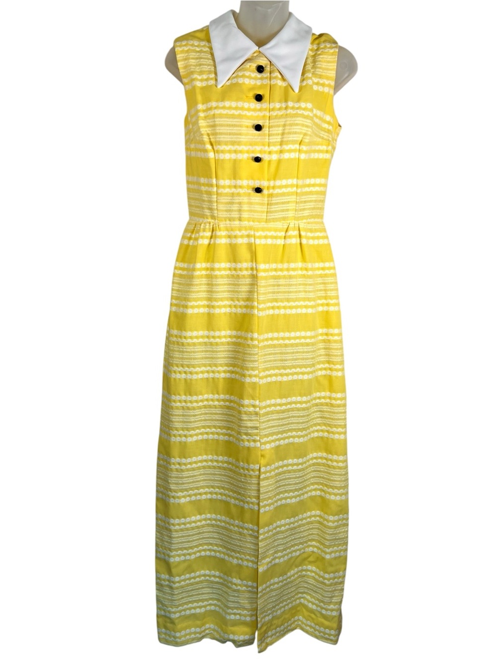 VTG 1960s ILGWU Yellow White Woven Maxi Dress XS Mod Peter Pan Collar Twee MCM